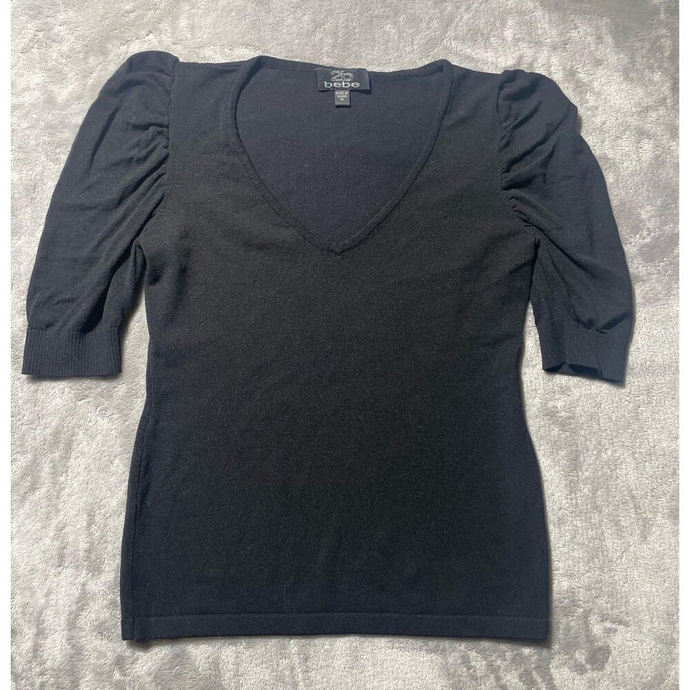 2b Bebe Knit V-Neck Puff Short Sleeves Sweater Women’s Size M Black
